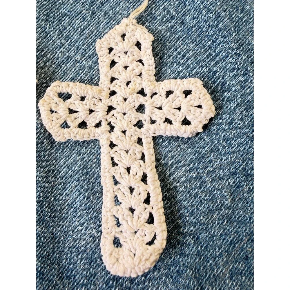Vintage 1970s Handmade Crocheted Cross Ornaments White Cotton Lace Set of 2